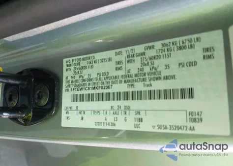 2021 Ford F-150 Xl из США, поврежденный, VIN 1FTEW1C81MKF02067